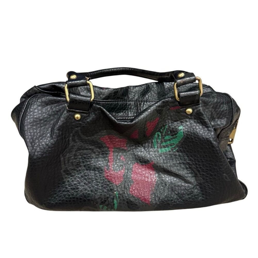 Steve Madden Y2K Black Floral Satchel Bag Pebbled Faux Leather